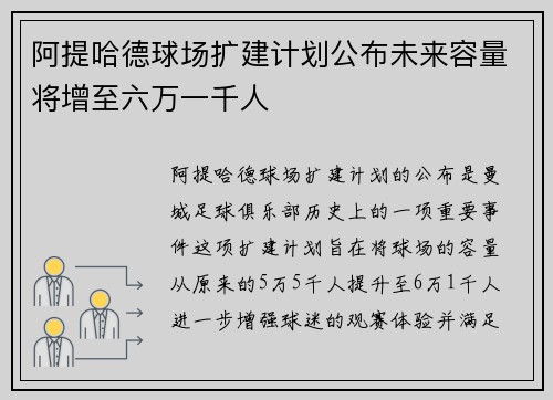 阿提哈德球场扩建计划公布未来容量将增至六万一千人
