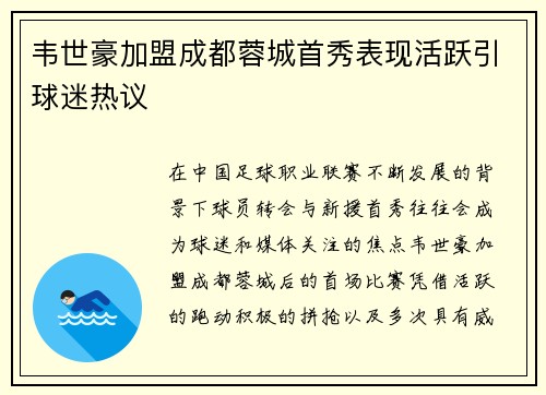 韦世豪加盟成都蓉城首秀表现活跃引球迷热议