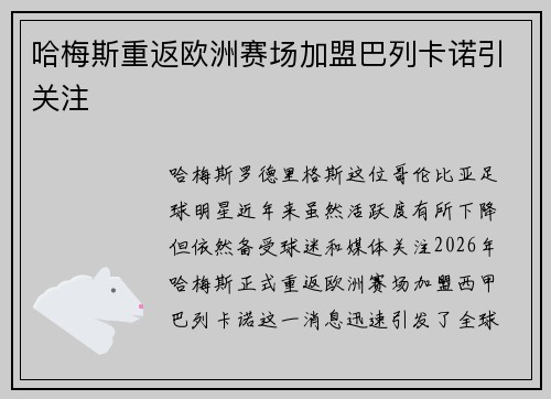 哈梅斯重返欧洲赛场加盟巴列卡诺引关注