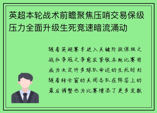 英超本轮战术前瞻聚焦压哨交易保级压力全面升级生死竞速暗流涌动